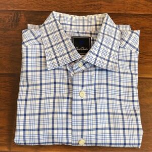 EUC David Donahue Blue and White Plaid Dress Shirt - Size 16 34/35